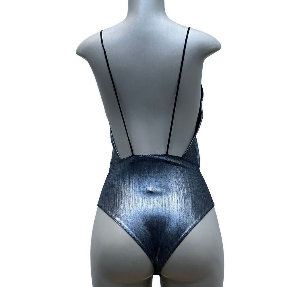 Zara Silver Metallic Tank Bodysuit  Women's 6 Plunging Neck Open Back Spaghetti - Picture 7 of 10